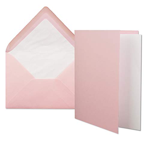 25x Stück Karten Set in Rosa Faltkarte DIN A6 mit passendem Einlegeblatt in Weiß und Umschlag DIN C6 mit weißem Seidenfutter von NEUSER PAPIER