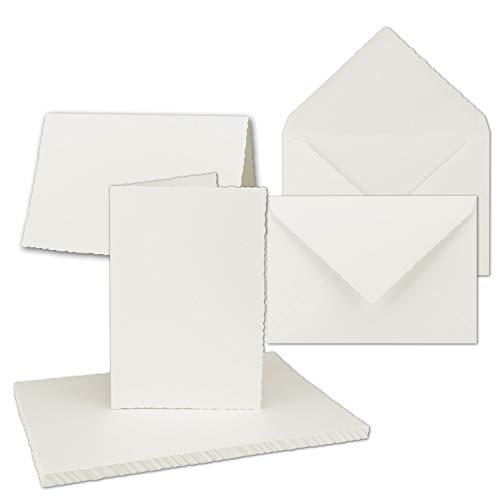 25x Vintage Faltkarten-Set mit Zackenschnitt hochdoppelt - Natur-Weiß - Edel-Bütten Karten mit Umschläge - DIN A5-14,8 x 21 cm - imitierter Büttenrand - by GUSTAV NEUSER von NEUSER PAPIER