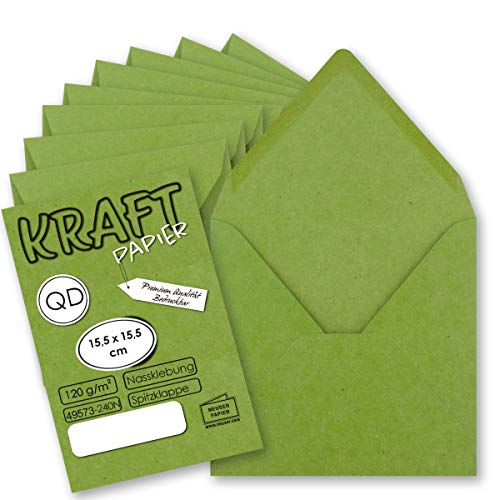 25x Vintage-Umschläge quadratisch aus hellgrünem (grün) Kraftpapier - nachhaltig - 15,5 x 15,5 cm - Nassklebung Spitzklappe - NEUSER PAPIER von NEUSER PAPIER