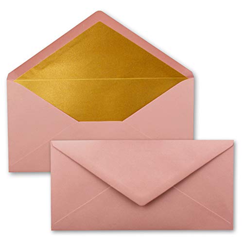 300 Brief-Umschläge DIN Lang - Altrosa (Rosa) mit Gold-Metallic Innen-Futter - 110 x 220 mm - Nassklebung - festliche Kuverts für Weihnachten von NEUSER PAPIER