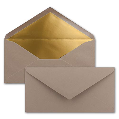 300 Brief-Umschläge DIN Lang - Cappuccino mit Gold-Metallic Innen-Futter - 110 x 220 mm - Nassklebung - festliche Kuverts für Einladungen von NEUSER PAPIER
