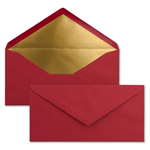 300 Brief-Umschläge DIN Lang - Dunkel-Rot mit Gold-Metallic Innen-Futter - 110 x 220 mm - Nassklebung - festliche Kuverts für Weihnachten von NEUSER PAPIER