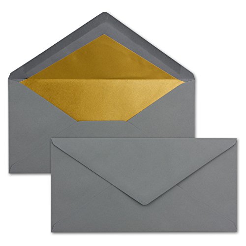 300 Brief-Umschläge DIN Lang - Graphit/Dunkel-Grau mit Gold-Metallic Innen-Futter - 110 x 220 mm - Nassklebung - festliche Kuverts für Weihnachten von NEUSER PAPIER