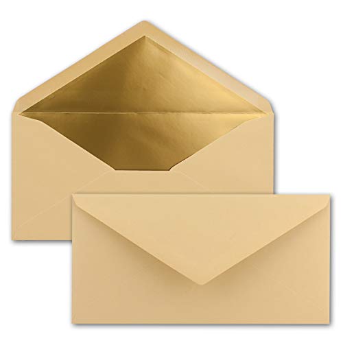 300 Brief-Umschläge DIN Lang - Karamell mit Gold-Metallic Innen-Futter - 110 x 220 mm - Nassklebung - festliche Kuverts für Einladungen von NEUSER PAPIER