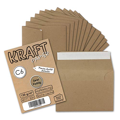 300x Briefumschläge DIN C6 Kraftpapier - Braun - Vintage Recycling Kuverts mit Haftklebung - 114 x 162 mm von NEUSER PAPIER