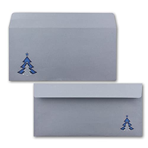 300x Briefumschläge DIN Lang in Grau mit blauen Tannenbäumen - Haftklebung mit Abziehstreifen - 110 x 220 mm - 120 g/m² - Weihnachtsumschläge mit Motiv für Firmen und Privat von NEUSER PAPIER