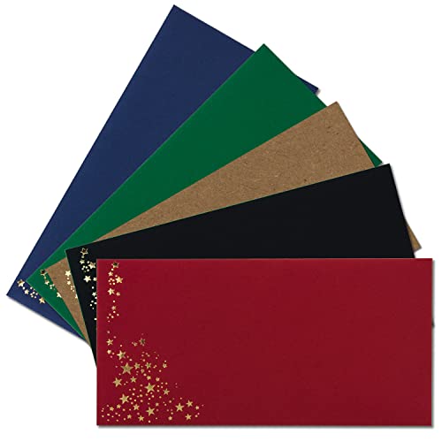 300x Briefumschläge mit Metallic Sternen - DIN Lang - Mix Set 10, Umschläge in Rot, Schwarz, Grün, Blau und Kraftpapier - mit Sternen in Gold von NEUSER PAPIER