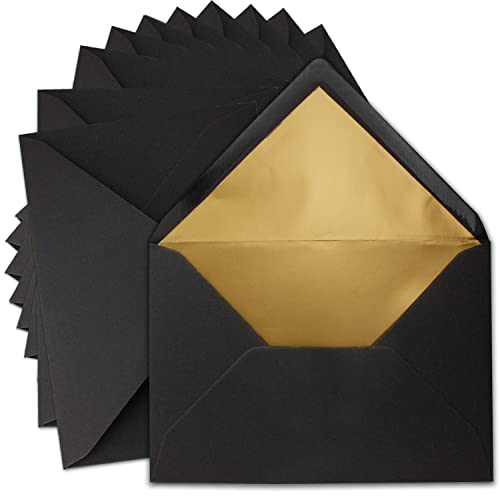 300x DIN C5 Kuverts 15,6 x 22 cm aus Kraft-Papier in Schwarz mit goldenem Seidenfutter - Nassklebung - Blanko Brief-Umschläge aus Recycling-Papier - Serie UmWelt von NEUSER PAPIER
