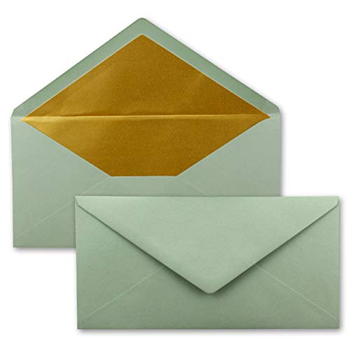 500 Brief-Umschläge DIN Lang - Eukalyptus (Grün) mit Gold-Metallic Innen-Futter - 110 x 220 mm - Nassklebung - festliche Kuverts für Weihnachten von NEUSER PAPIER