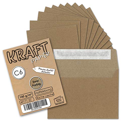 50x Briefumschläge DIN C6 Kraftpapier - Braun außen - Grau innen - Vintage Recycling Kuverts mit Haftklebung - 114 x 162 mm von NEUSER PAPIER