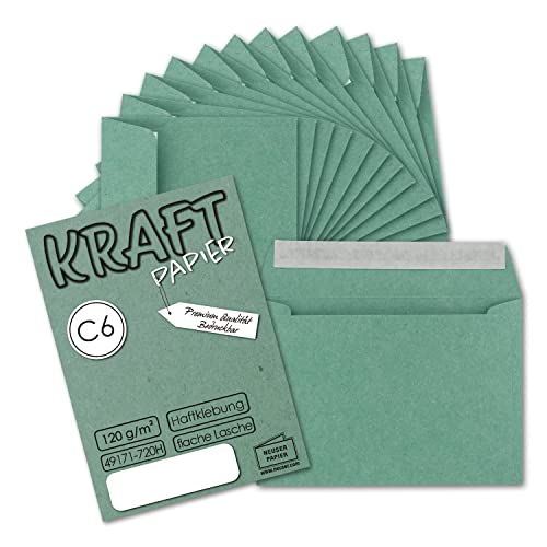 50x Briefumschläge DIN C6 Kraftpapier - Eukalyptus (Grün) - Vintage Recycling Kuverts mit Haftklebung - 120 g/m² - 114 x 162 mm von NEUSER PAPIER