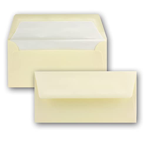 50x Briefumschläge in Ivory (Creme) - DIN Lang - 22 x 11 cm - mit gehämmerter Oberfläche - gefüttert mit weißem Seidenpapier - Nassklebung, gerade Klappe - ideal für Geburtstag und Hochzeit von NEUSER PAPIER