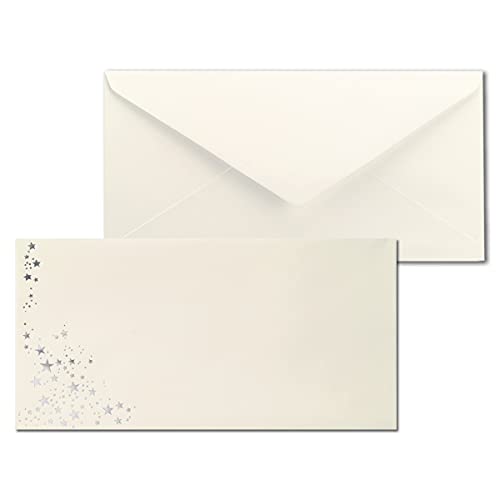 50x Briefumschläge mit Metallic Sternen - DIN Lang - Silber geprägter Sternenregen - Farbe: creme, Nassklebung, 80 g/m² - 110 x 220 mm - ideal für Weihnachten 50x Briefumschläge mit Metallic Sternen - DIN Lang - Silber geprägter Sternenregen - Farbe: creme, Nassklebung, 80 g/m² - 110 x 220 mm - ideal für Weihnachten von NEUSER PAPIER