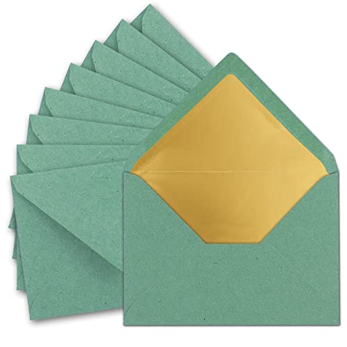 50x DIN C5 Kuverts 15,6 x 22 cm aus Kraft-Papier in Eukalyptus (Grün) mit goldenem Seidenfutter - Nassklebung - Blanko Brief-Umschläge aus Recycling-Papier - Serie UmWelt von NEUSER PAPIER