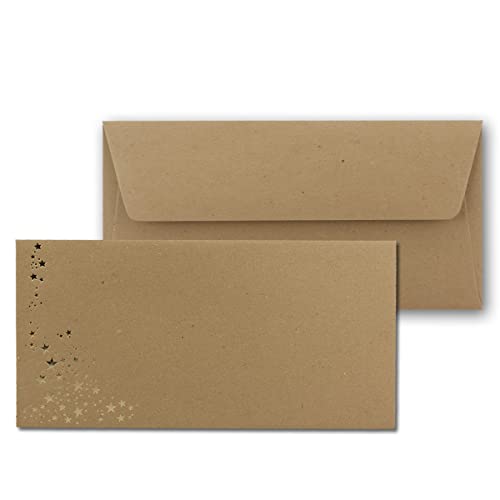 50x Kraftpapier Briefumschläge mit Metallic Sternen - DIN Lang - Gold geprägter Sternenregen - Farbe: Braun - Haftklebung - 120 g/m² - 110 x 220 mm - ideal für Weihnachten von NEUSER PAPIER