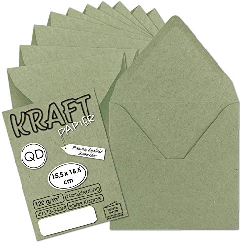 50x Vintage-Umschläge quadratisch aus grünem Kraftpapier - nachhaltig - 15,5 x 15,5 cm - Nassklebung Spitzklappe - NEUSER PAPIER von NEUSER PAPIER