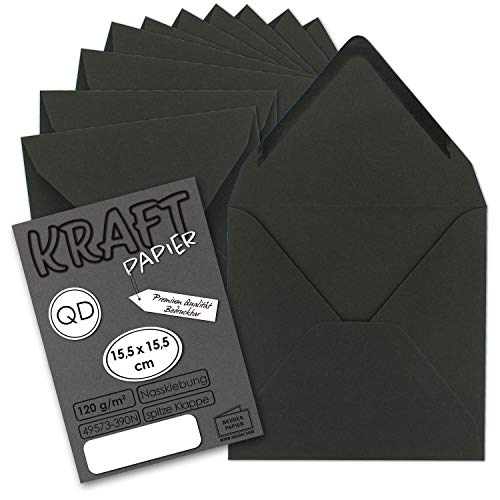 50x Vintage-Umschläge quadratisch aus schwarzem Kraftpapier - nachhaltig - 15,5 x 15,5 cm - Nassklebung Spitzklappe - NEUSER PAPIER von NEUSER PAPIER
