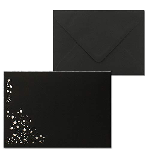 50x Weihnachts-Briefumschläge - DIN B6 - mit Silber-Metallic geprägtem Sternenregen -Farbe: schwarz, Nassklebung, 120 g/m² - 120 x 176 mm - Marke: GUSTAV NEUSER von NEUSER PAPIER