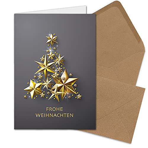 50x Weihnachtskarten-Set DIN A6 in Grau mit goldenem Weihnachtsbaum aus Sternen - Faltkarten mit Umschlägen DIN C6 Kraftpapier Sandbraun mit Nassklebung - Weihnachtsgrüße für Firmen und Privat von NEUSER PAPIER