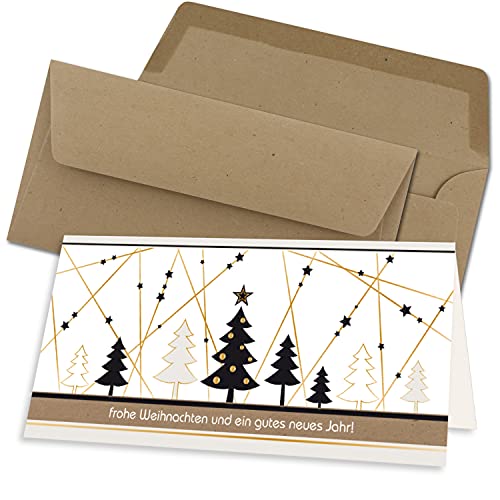 50x Weihnachtskarten-Set DIN Lang in Weiß mit Weihnachtsbäumen und Sternen - Faltkarten mit Umschlägen DIN Lang Kraftpapier Sandbraun mit Nassklebung - Weihnachtsgrüße für Firmen und Privat von NEUSER PAPIER