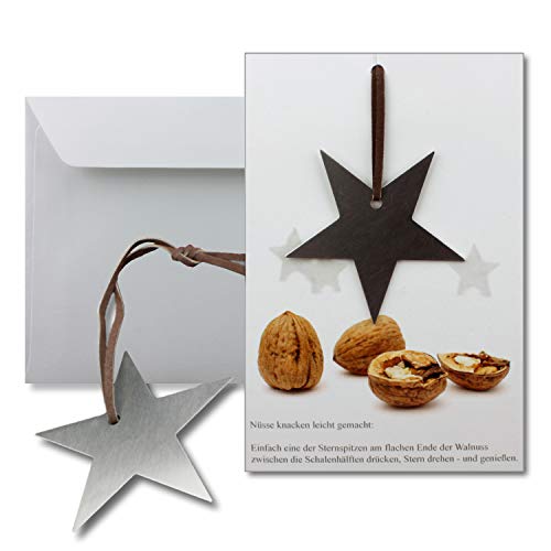 5x Grußkarten mit echtem Edelstahl-Nussknacker Form Stern und Lederband inklusive Umschlägen in Naturweiß Format DIN B6 5x Grußkarten mit echtem Edelstahl-Nussknacker Form Stern und Lederband inklusive Umschlägen in Naturweiß Format DIN B6 von NEUSER PAPIER
