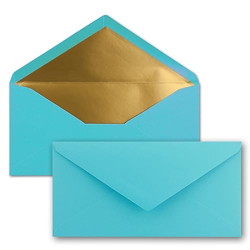 75 Brief-Umschläge DIN Lang - Türkis mit Gold-Metallic Innen-Futter - 110 x 220 mm - Nassklebung - festliche Kuverts für Einladungen von NEUSER PAPIER