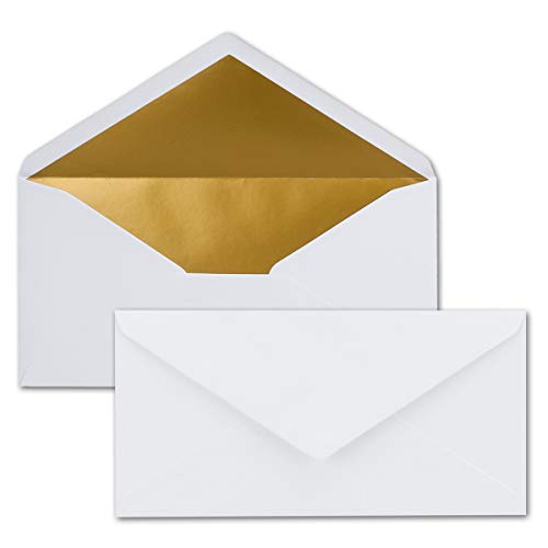 75 Brief-Umschläge DIN Lang - Weiß mit Gold-Metallic Innen-Futter - 110 x 220 mm - Nassklebung - festliche Kuverts für Weihnachten von NEUSER PAPIER