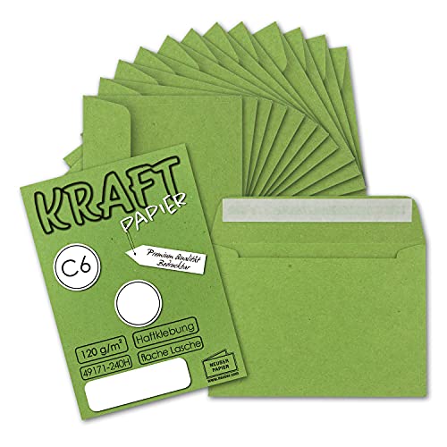 75x Briefumschläge DIN C6 Kraftpapier - Hellgrün - Vintage Recycling Kuverts mit Haftklebung - 114 x 162 mm von NEUSER PAPIER