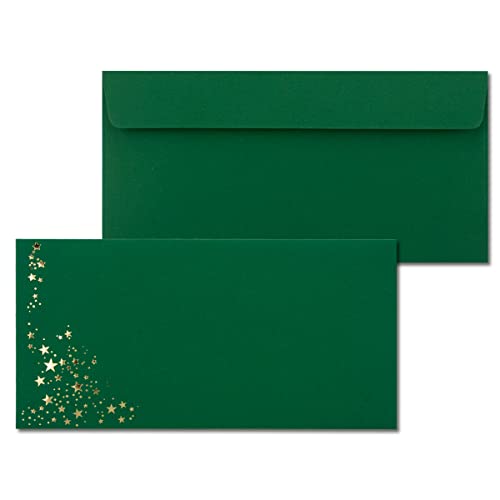75x Briefumschläge mit Metallic Sternen - DIN Lang - Gold geprägter Sternenregen - Farbe: dunkelgrün, Haftklebung, 120 g/m² - 110 x 220 mm - ideal für Weihnachten von NEUSER PAPIER