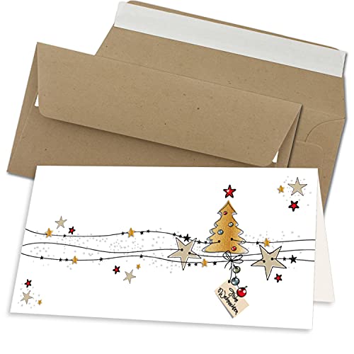 75x Weihnachtskarten-Set DIN Lang in Weiß mit Weihnachtsbaum und Sternen - Faltkarten mit Umschlägen DIN Lang Kraftpapier Sandbraun mit Haftklebung - Weihnachtsgrüße für Firmen und Privat von NEUSER PAPIER