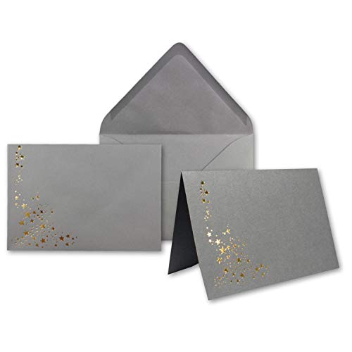 Faltkarten-Set mit Umschlägen DIN C6 A6 - Graphit (Grau) mit goldenen Metallic Sternen - 40 Sets - für Drucker geeignet Ideal für Weihnachtskarten von NEUSER PAPIER