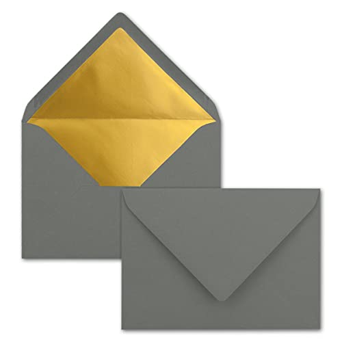 Kuverts in Anthrazit - 50 Stück - Brief-Umschläge DIN C6-114 x 162 mm - 11,4 x 16,2 cm - Naßklebung - matte Oberfläche & Gold-Metallic Fütterung - ohne Fenster - für Einladungen von NEUSER PAPIER
