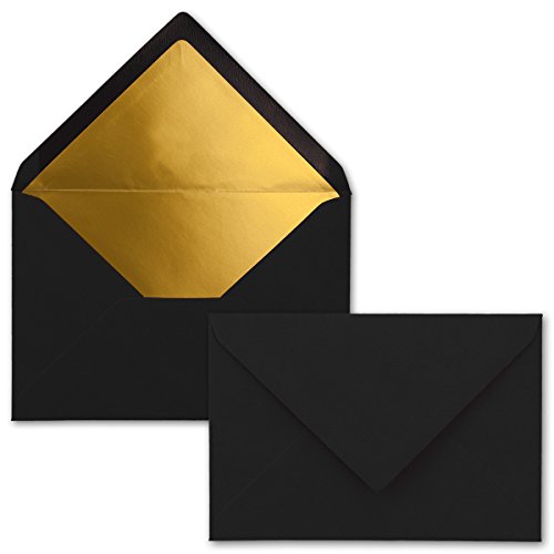 Kuverts in Schwarz - 10 Stück - Brief-Umschläge DIN C6-114 x 162 mm - 11,4 x 16,2 cm - Naßklebung - matte Oberfläche & Gold-Metallic Fütterung - ohne Fenster - für Einladungen von NEUSER PAPIER