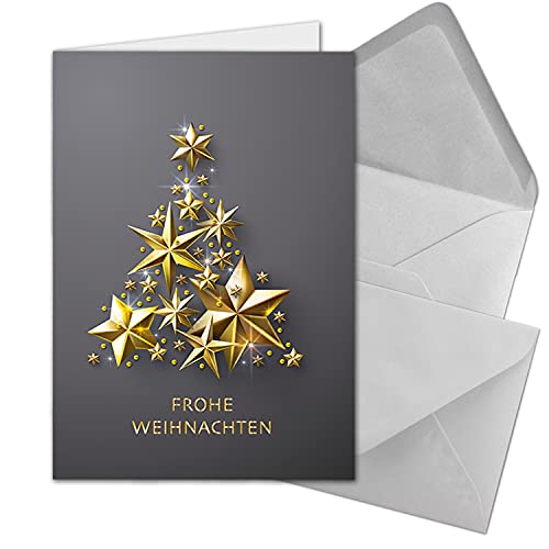 NEUSER PAPIER 100x Weihnachtskarten-Set DIN A6 in Grau mit goldenem Weihnachtsbaum aus Sternen - Faltkarten mit Umschlägen DIN C6 Hellgrau mit Nassklebung - Weihnachtsgrüße für Firmen und Privat von NEUSER PAPIER