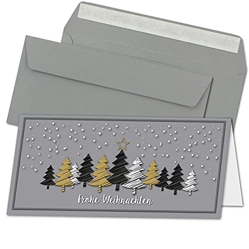 NEUSER PAPIER 10x Weihnachtskarten-Set DIN Lang in Grau mit Weihnachtsbäumen in Scratch-Optik - Faltkarten mit Umschlägen DIN Lang Grau mit Haftklebung - Weihnachtsgrüße für Firmen und Privat von NEUSER PAPIER