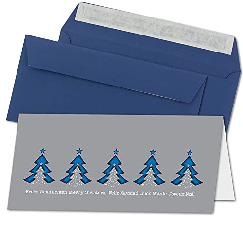 NEUSER PAPIER 200x Weihnachtskarten-Set DIN Lang in Grau mit blauen Tannenbäumen und Text - Faltkarten mit Umschlägen DIN Lang Dunkelblau mit Haftklebung - Weihnachtsgrüße für Firmen und Privat von NEUSER PAPIER
