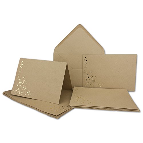 NEUSER PAPIER 50x Faltkarten-Set mit Umschlägen DIN B6 - Kraftpapier (Braun) mit goldenen Metallic Sternen - 11,5 x 17 cm - bedruckbar - Ökopapier Naturpapier von NEUSER PAPIER