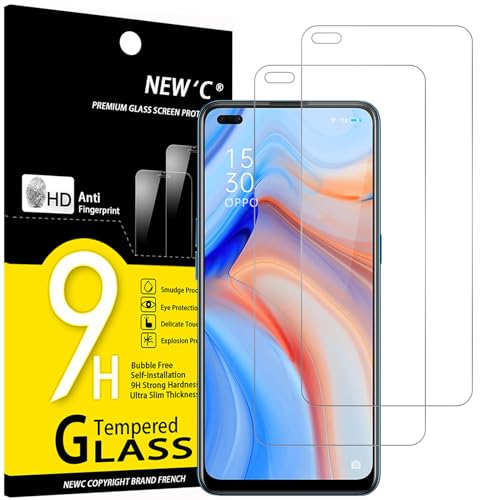 NEW'C 2 Stück, Panzer Schutz Glas für Oppo Reno 4, [Nicht für Oppo Reno 4Z] Frei von Kratzern, 9H Härte, HD Displayschutzfolie, 0.33mm Ultra-klar, Ultrabeständig von NEW'C