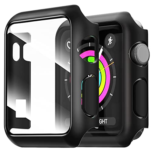 NEW'C 2 Stücke Hülle mit Glas Displayschutz für Apple Watch Series 3/2/1 38mm - Overall PC Case Slim Hartglas Displayschutz Schutzhülle für Apple Watch 38mm Series 1/2/3 - Schwarz von NEW'C