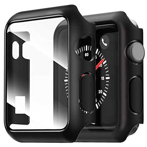 NEW'C 2 Stücke Hülle mit Glas Displayschutz für Apple Watch Series 3/2/1 42mm - Overall PC Case Slim Hartglas Displayschutz Schutzhülle für Apple Watch 42mm Serie 3/2/1 - Schwarz von NEW'C