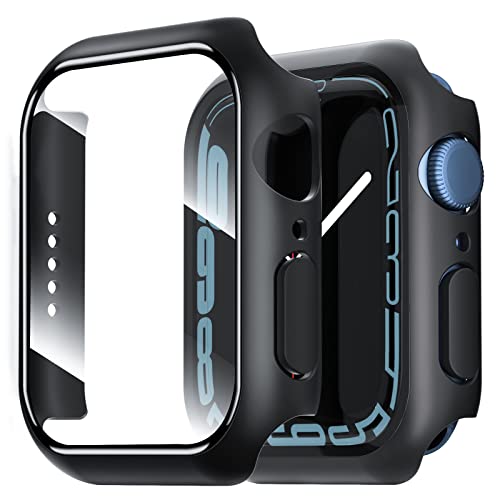 NEW'C 2 Stücke Hülle mit Glas Displayschutz für Apple Watch Series 8/7 41mm - Overall PC Case Slim Hartglas Displayschutz Schutzhülle für Apple Watch 41mm Serie 8/7 - Schwarz von NEW'C