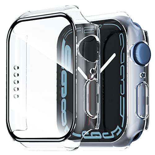 NEW'C 2 Stücke Hülle mit Glas Displayschutz für Apple Watch Series 8/7 41mm - Overall PC Case Slim Hartglas Displayschutz Schutzhülle für Apple Watch 41mm Serie 8/7 - Transparent von NEW'C