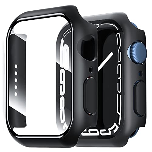 NEW'C 2 Stücke Hülle mit Glas Displayschutz für Apple Watch Series 8/7 45mm - Overall PC Case Slim Hartglas Displayschutz Schutzhülle für Apple Watch 45mm Series 8/7 - Schwarz von NEW'C