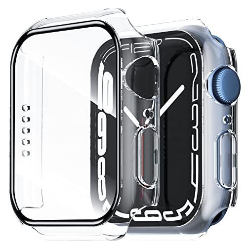 NEW'C 2 Stücke Hülle mit Glas Displayschutz für Apple Watch Series 8/7 45mm - Overall PC Case Slim Hartglas Displayschutz Schutzhülle für Apple Watch 45mm Series 8/7 - Transparent von NEW'C