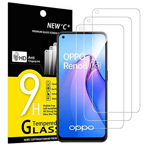 NEW'C 3 Stück, Panzer Schutz Glas für OPPO Reno 8 5G, Reno 8 Lite 5G, Frei von Kratzern, 9H Härte, HD Displayschutzfolie, 0.33mm Ultra-klar, Ultrabeständig von NEW'C