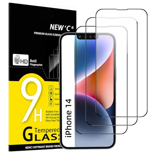 NEW'C 3 Stück, schutzglas für iPhone 14, 13, 13 Pro (6,1 Zoll), Schwarzer Rand Panzer Schutz Glas, Frei von Kratzern, 9H Härte, Displayschutzfolie, Ultrabeständig von NEW'C