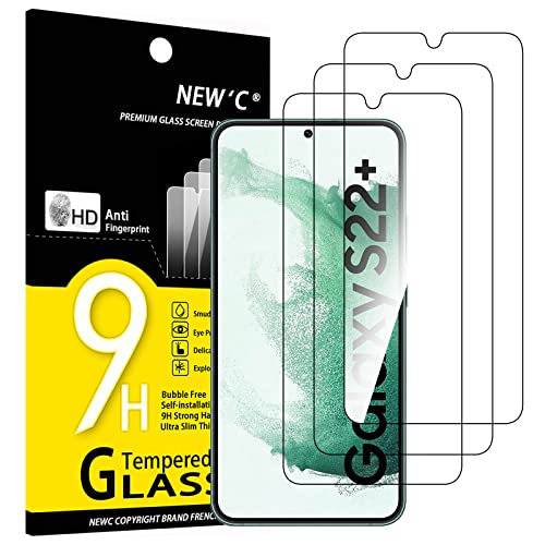 NEW'C 3 Stück Panzer Schutz Glas für Samsung Galaxy S22+ / S22 Plus, Displayschutzfolie – kratzfest – ohne Luftblasen – sehr robust (0,26 mm HD, ultratransparent), Härtegrad 9H, Glas von NEW'C