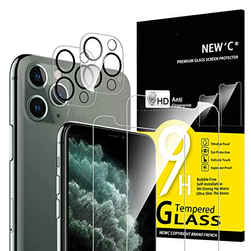 NEW'C 4 Stück, 2 x Panzer Schutz Glas für iPhone 11 Pro Max und 2 x Kamera Panzer Schutz Glas für Kameraschutz - Kratzfest - Keine Luftblasen - extrem widerstandsfähig - 9H-Härteglas von NEW'C