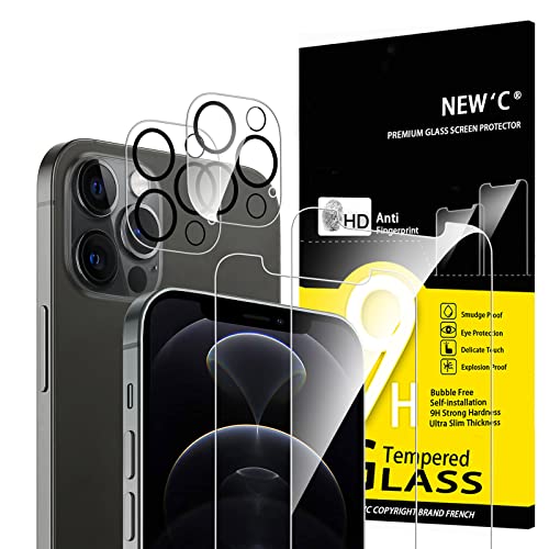 NEW'C 4 Stück, 2 x Panzer Schutz Glas für iPhone 12 Pro Max und 2 x Kamera Panzer Schutz Glas für Kameraschutz - kratzfest - keine Luftblasen - extrem widerstandsfähig - 9H-Härteglas von NEW'C