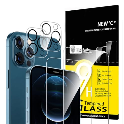 NEW'C 4 Stück, 2 x Panzer Schutz Glas für iPhone 12 Pro und 2 x Kamera Panzer Schutz Glas für Kameraschutz - kratzfest - keine Luftblasen - extrem widerstandsfähig - 9H-Härteglas von NEW'C